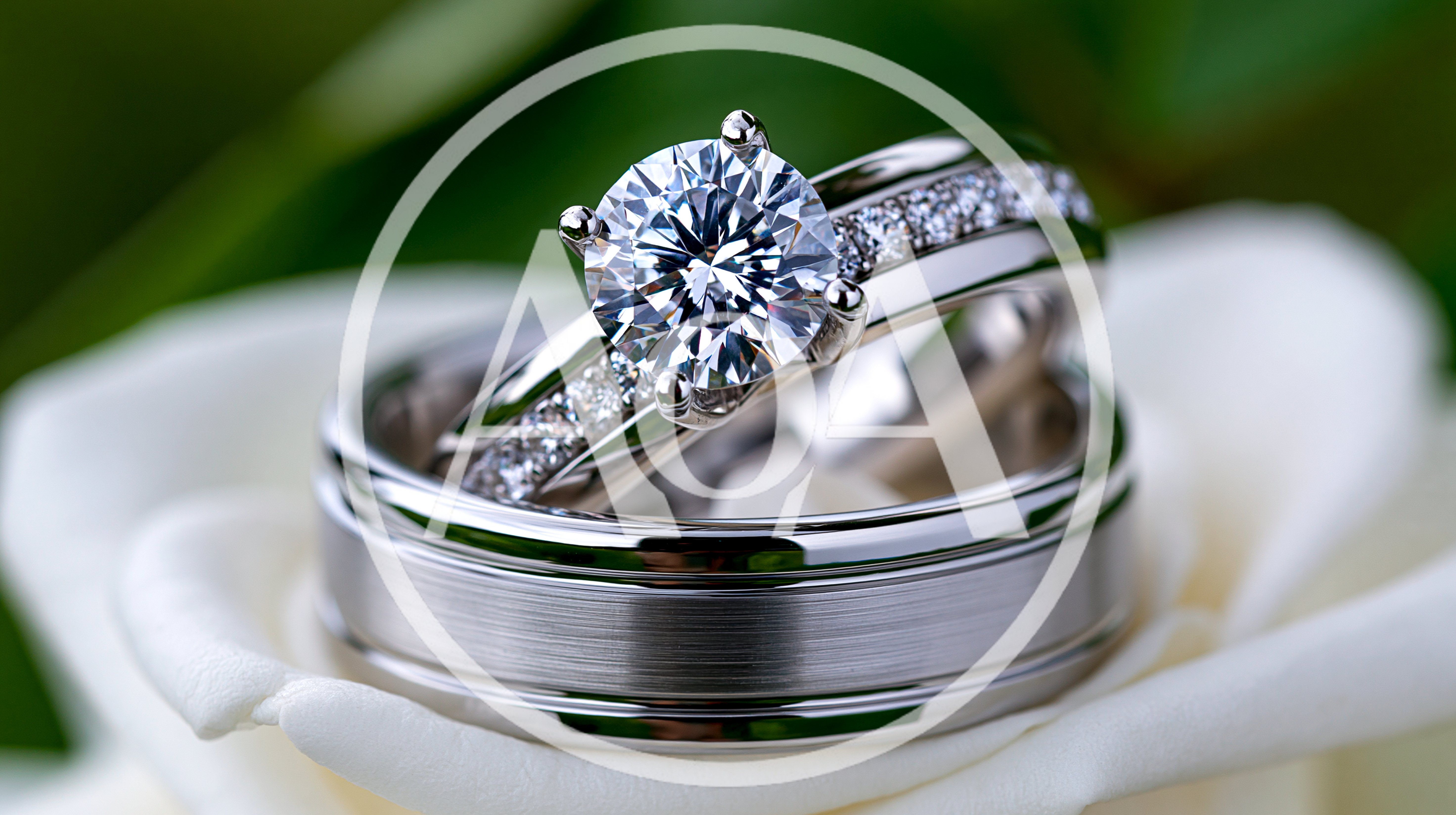 Diamond Engagement Ring And Wedding Band On White Rose