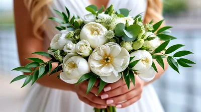 Bride Holding Elegant White Peony Wedding Bouquet