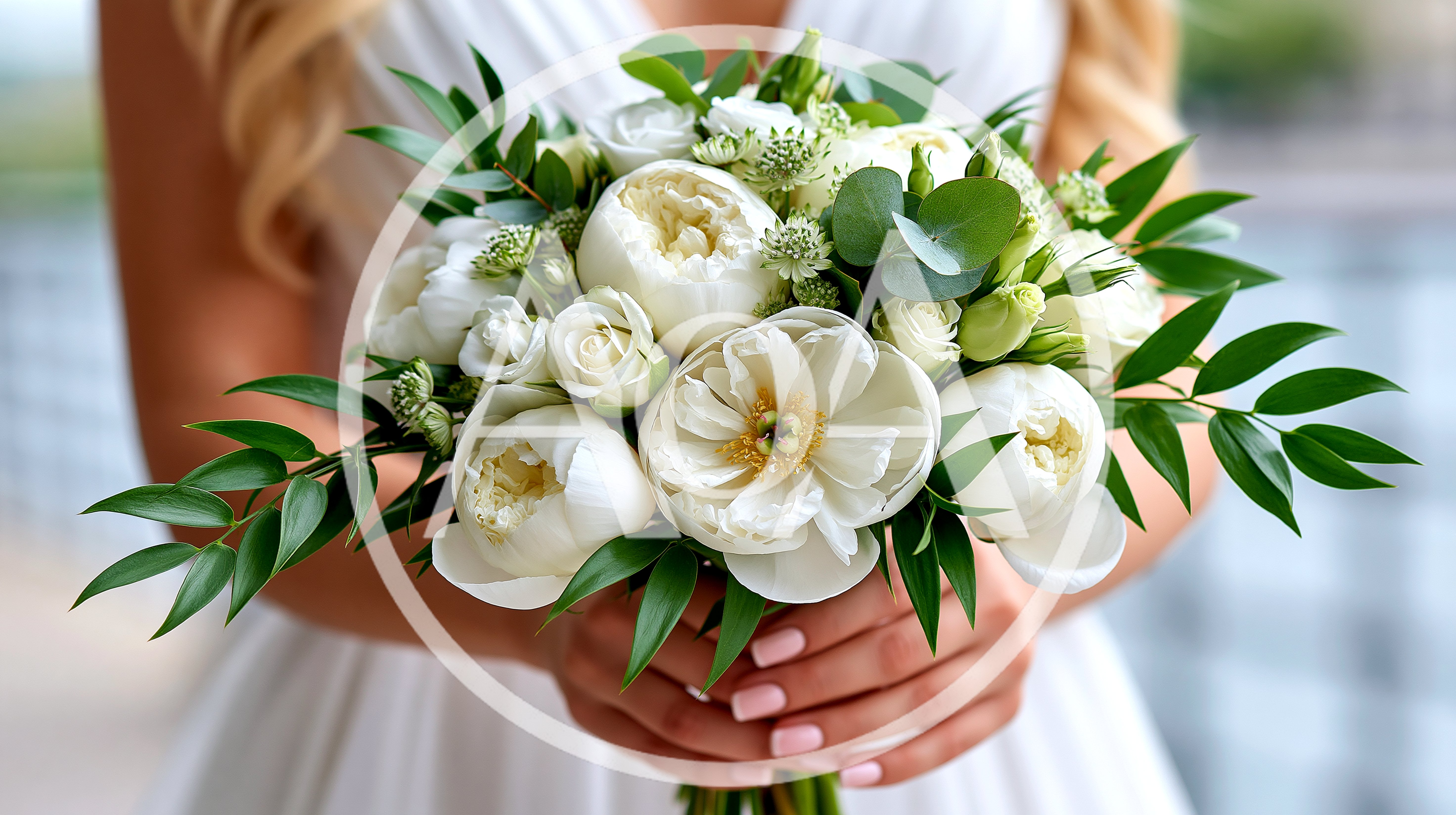 Bride Holding Elegant White Peony Wedding Bouquet