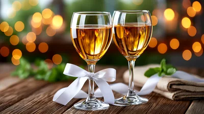 Two Wine Glasses With White Ribbons On Wooden Table