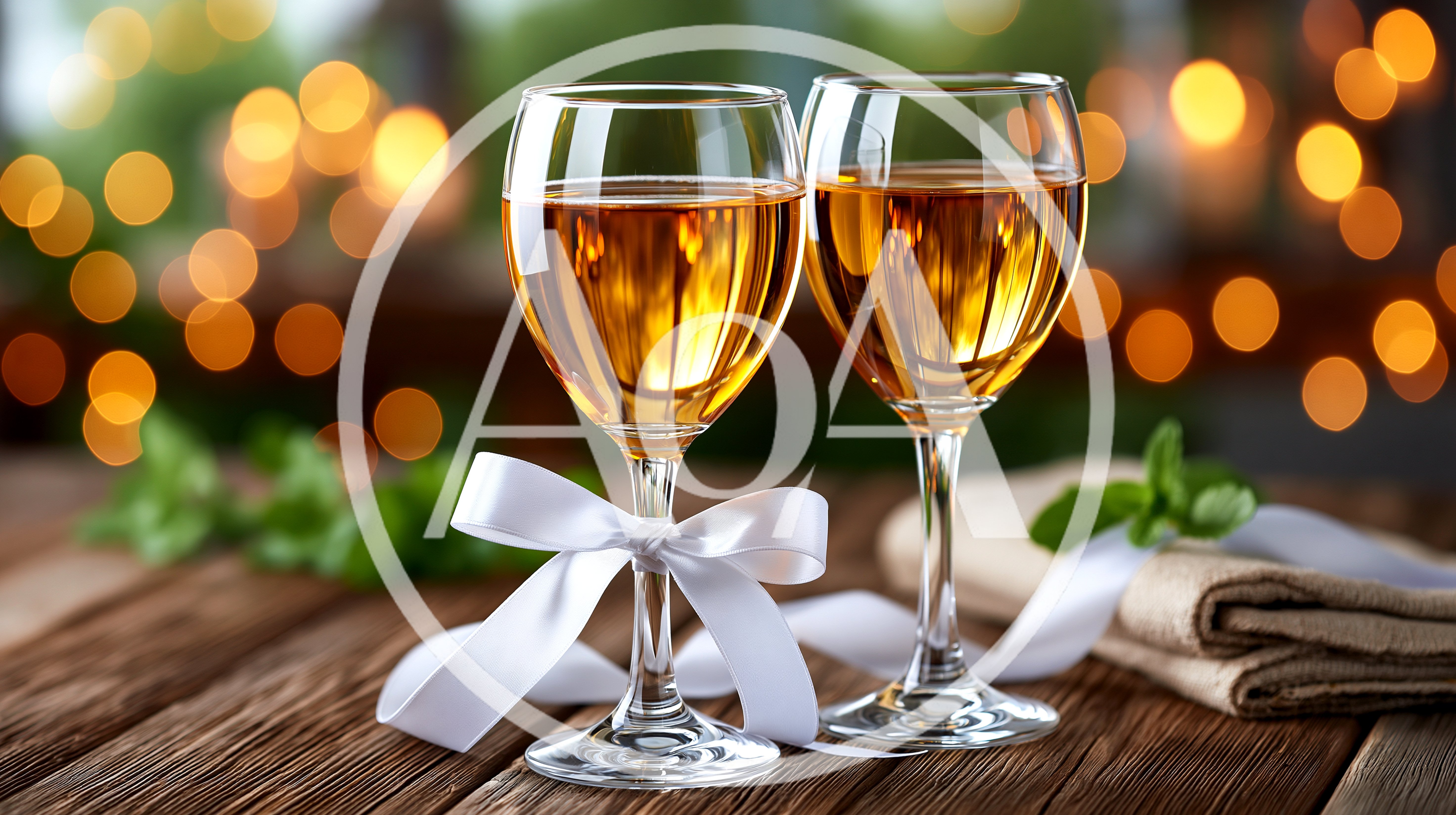 Two Wine Glasses With White Ribbons On Wooden Table
