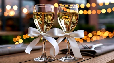 Two Champagne Glasses With White Ribbons On Table