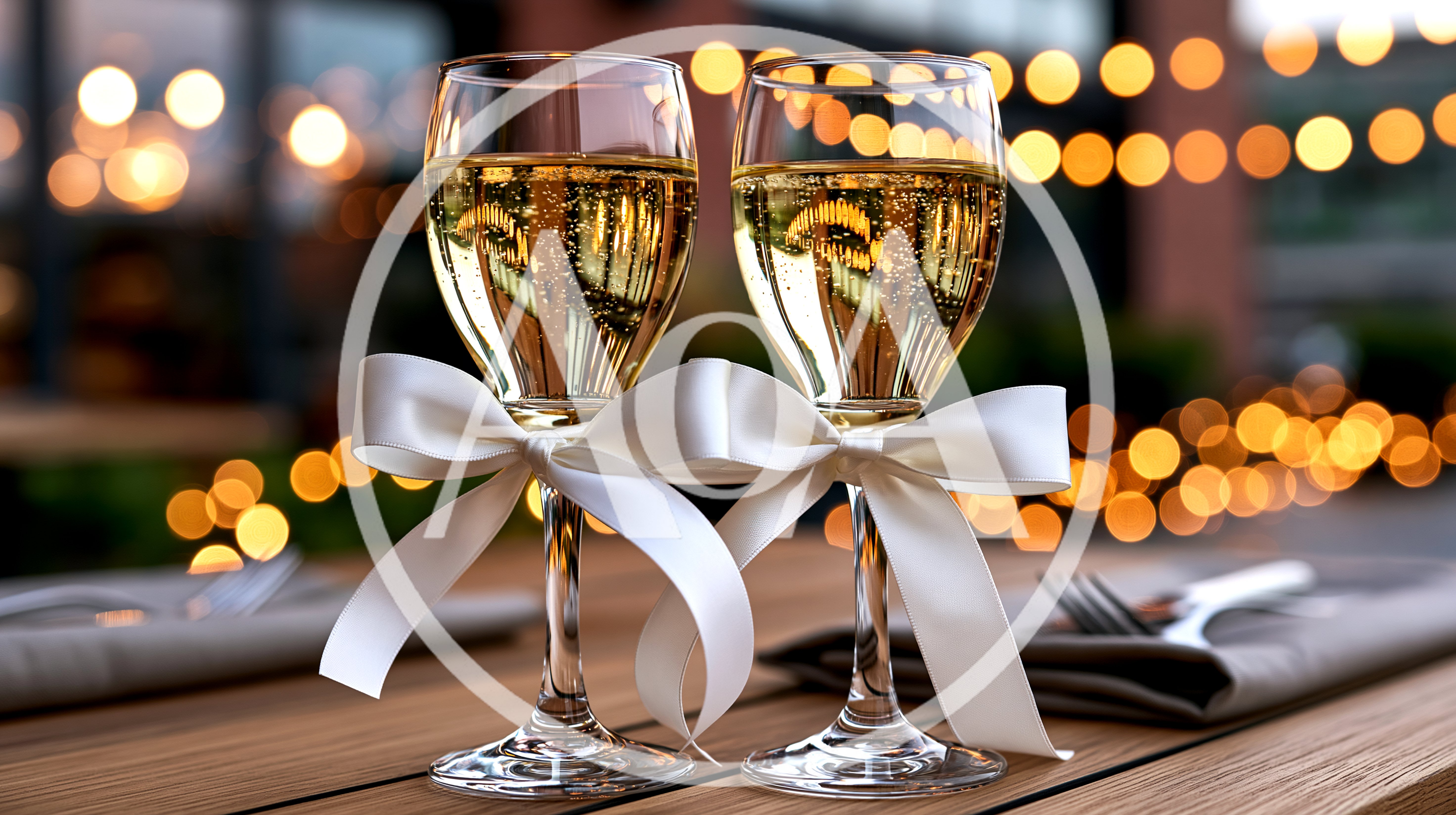 Two Champagne Glasses With White Ribbons On Table