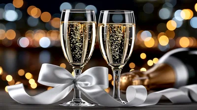 Two Champagne Flutes With White Ribbon