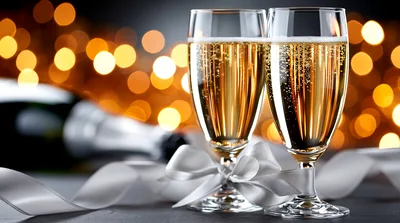 Two Champagne Flutes With Ribbons And Bokeh Background
