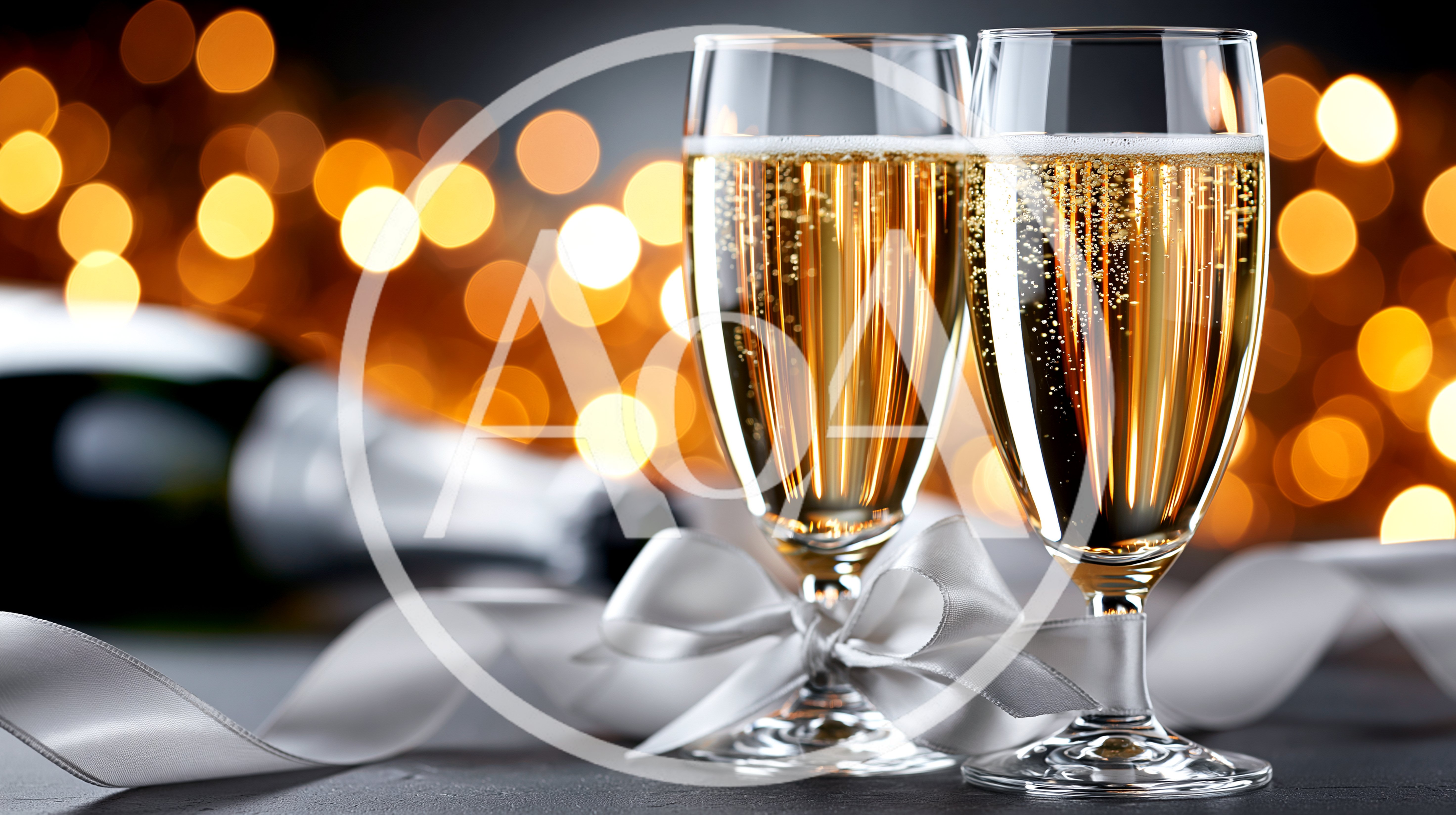 Two Champagne Flutes With Ribbons And Bokeh Background