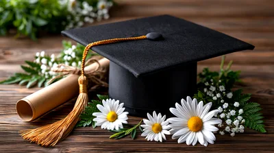 Graduation Cap And Diploma With Daisies On Wood