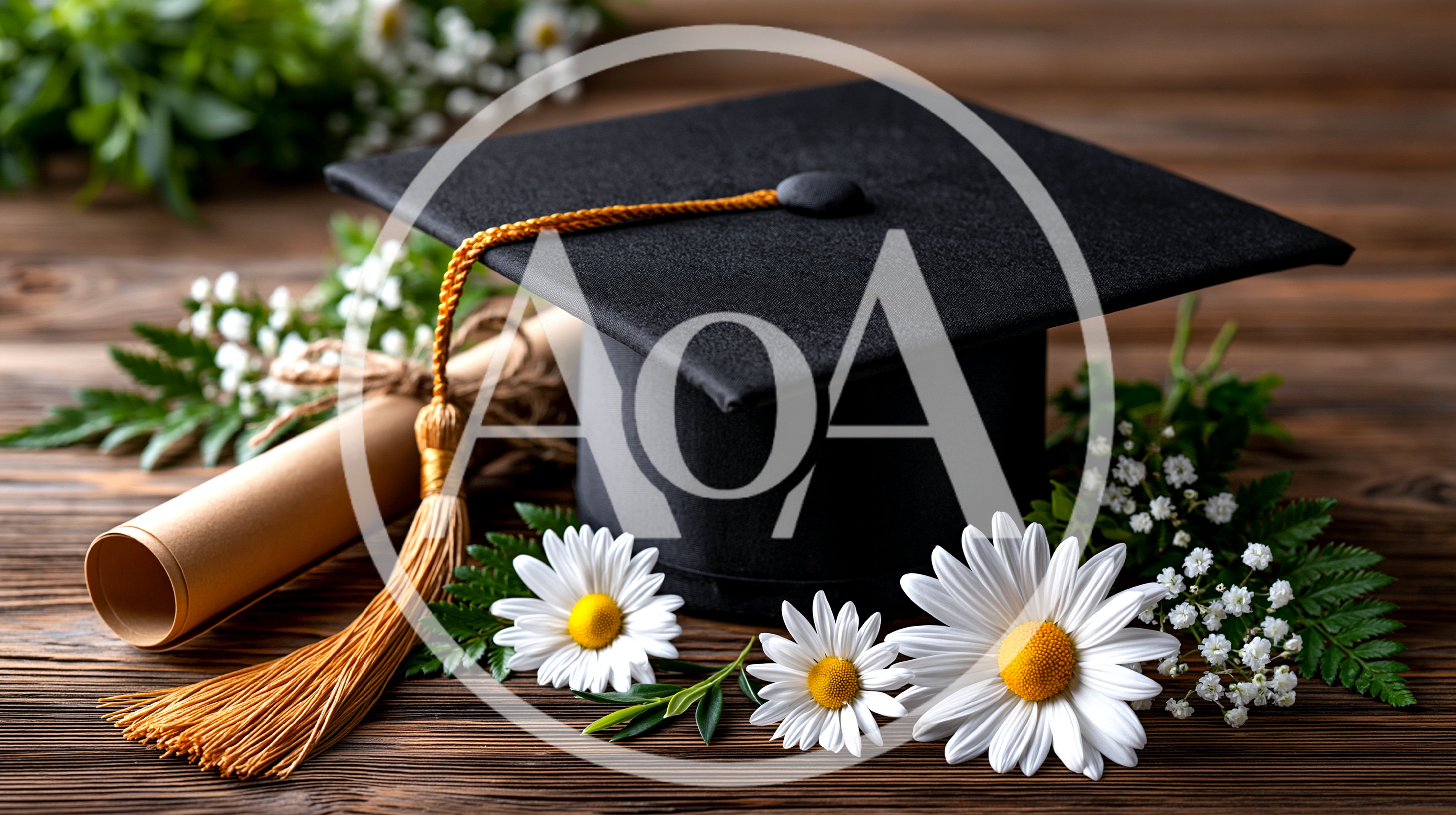 Graduation Cap And Diploma With Daisies On Wood