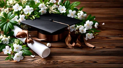 Graduation Cap And Diploma With White Flowers