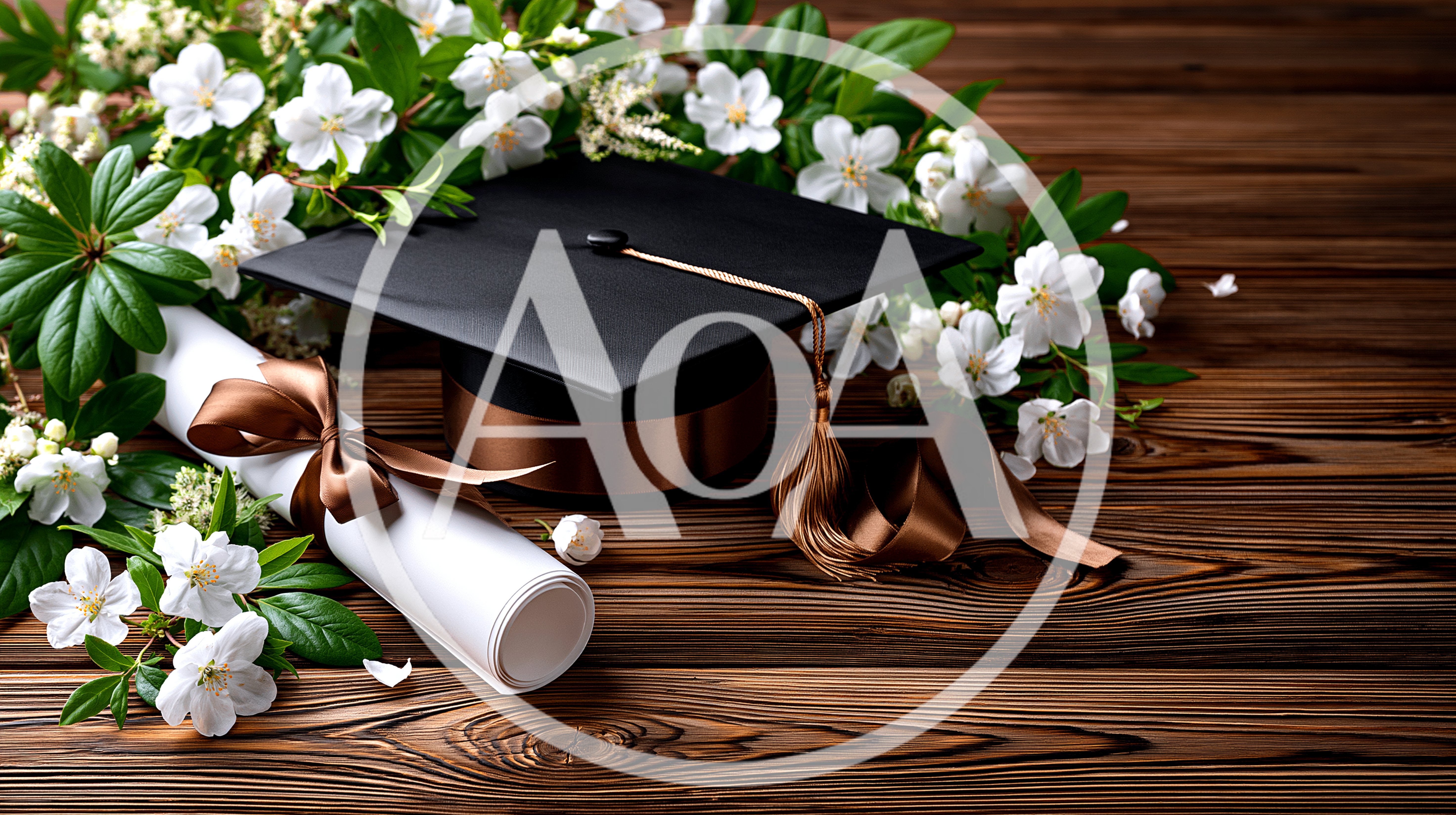 Graduation Cap And Diploma With White Flowers