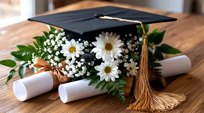 Graduation Cap With Flowers And Diplomas On Wooden Table