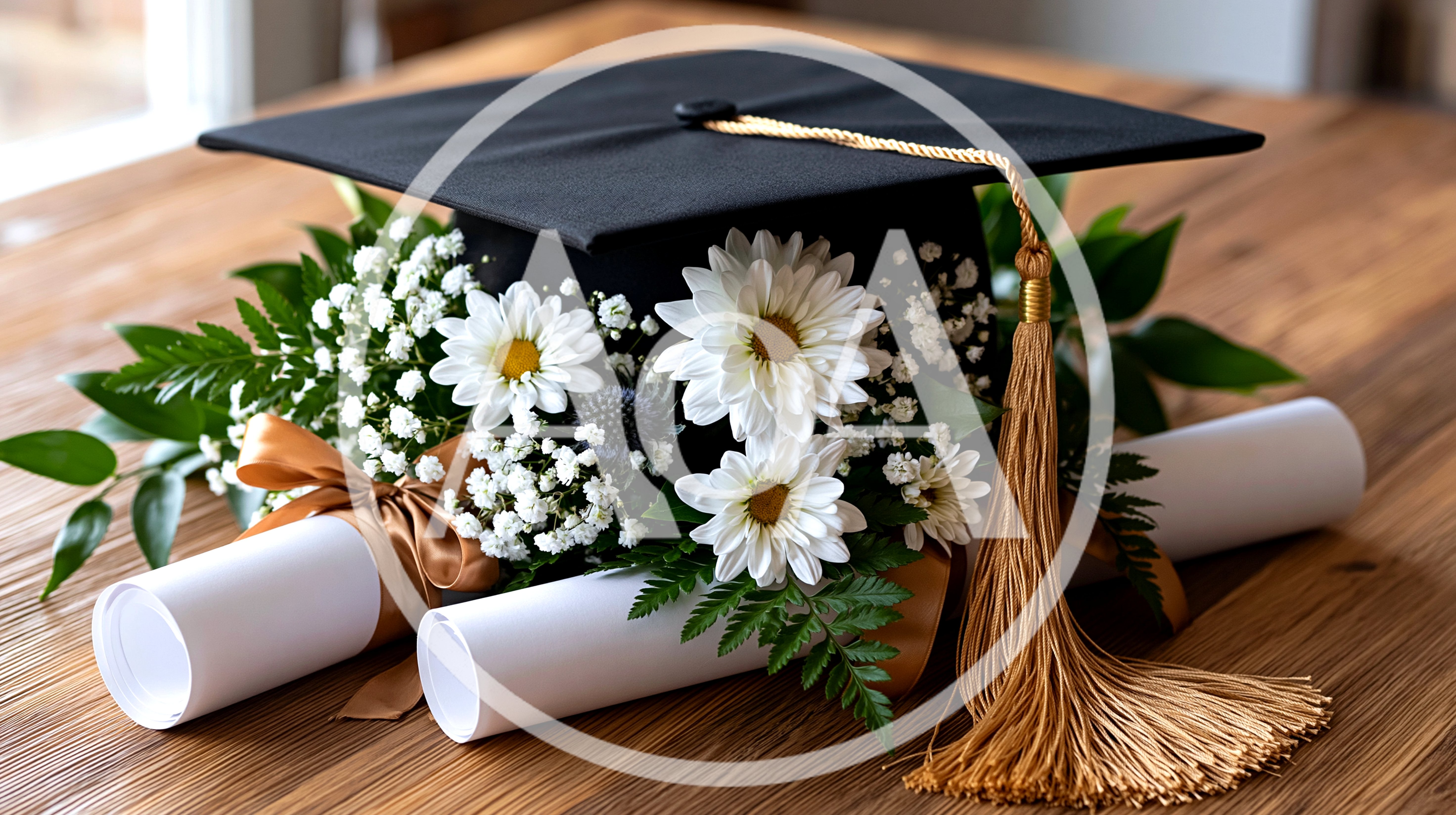 Graduation Cap With Flowers And Diplomas On Wooden Table