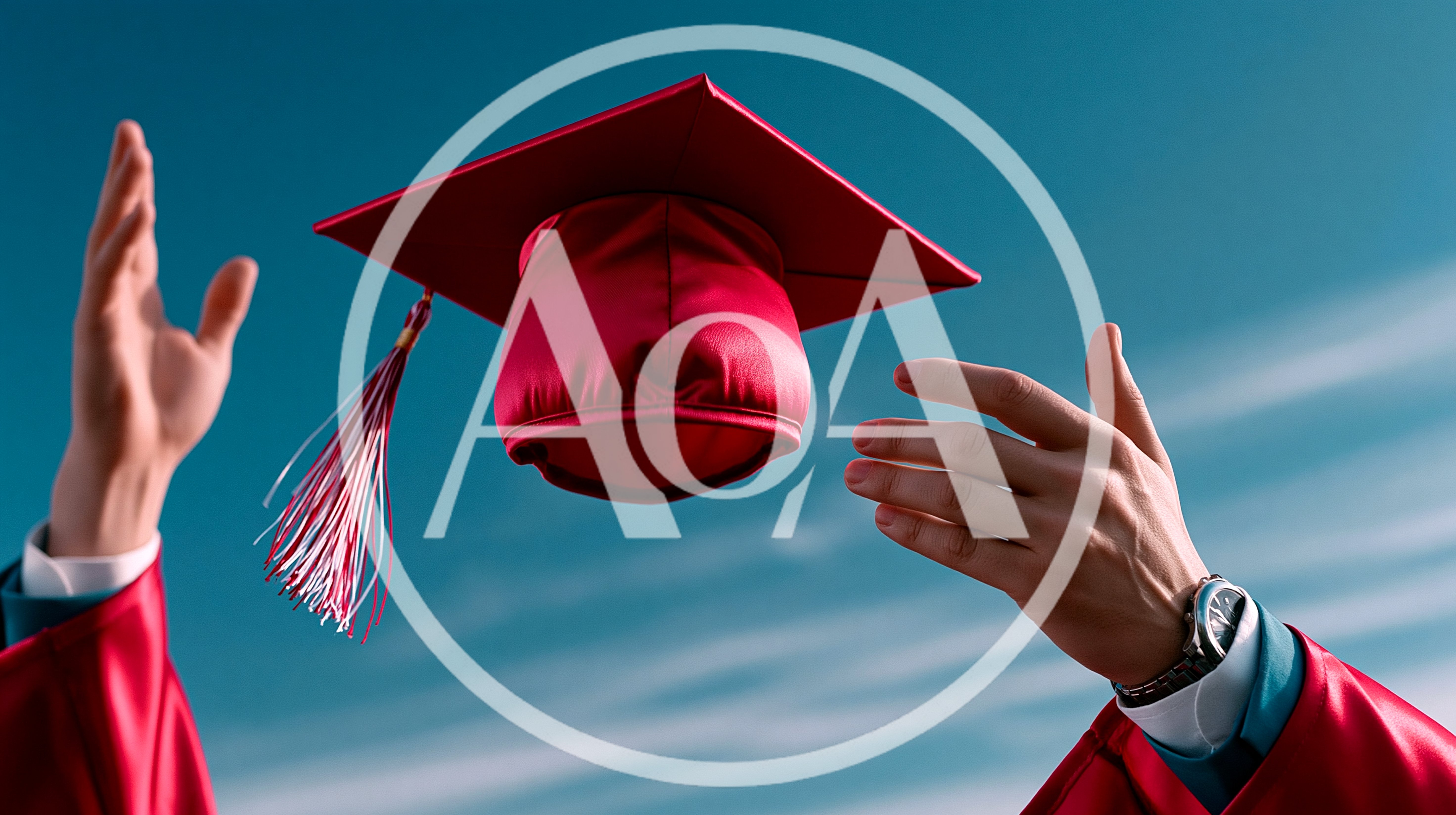 Graduate Throwing Red Graduation Cap Into The Sky