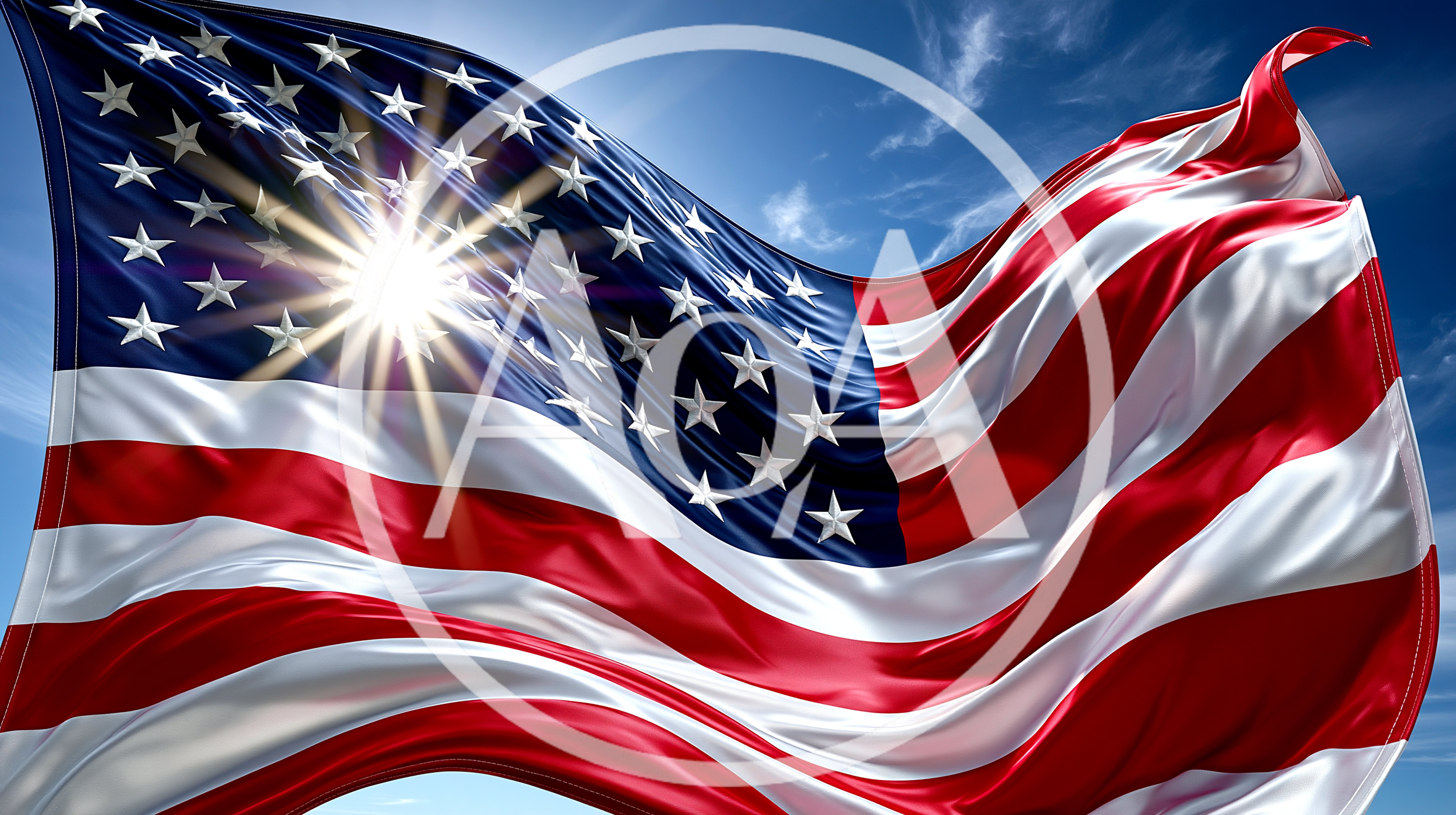Waving American Flag Against A Bright Sunny Sky