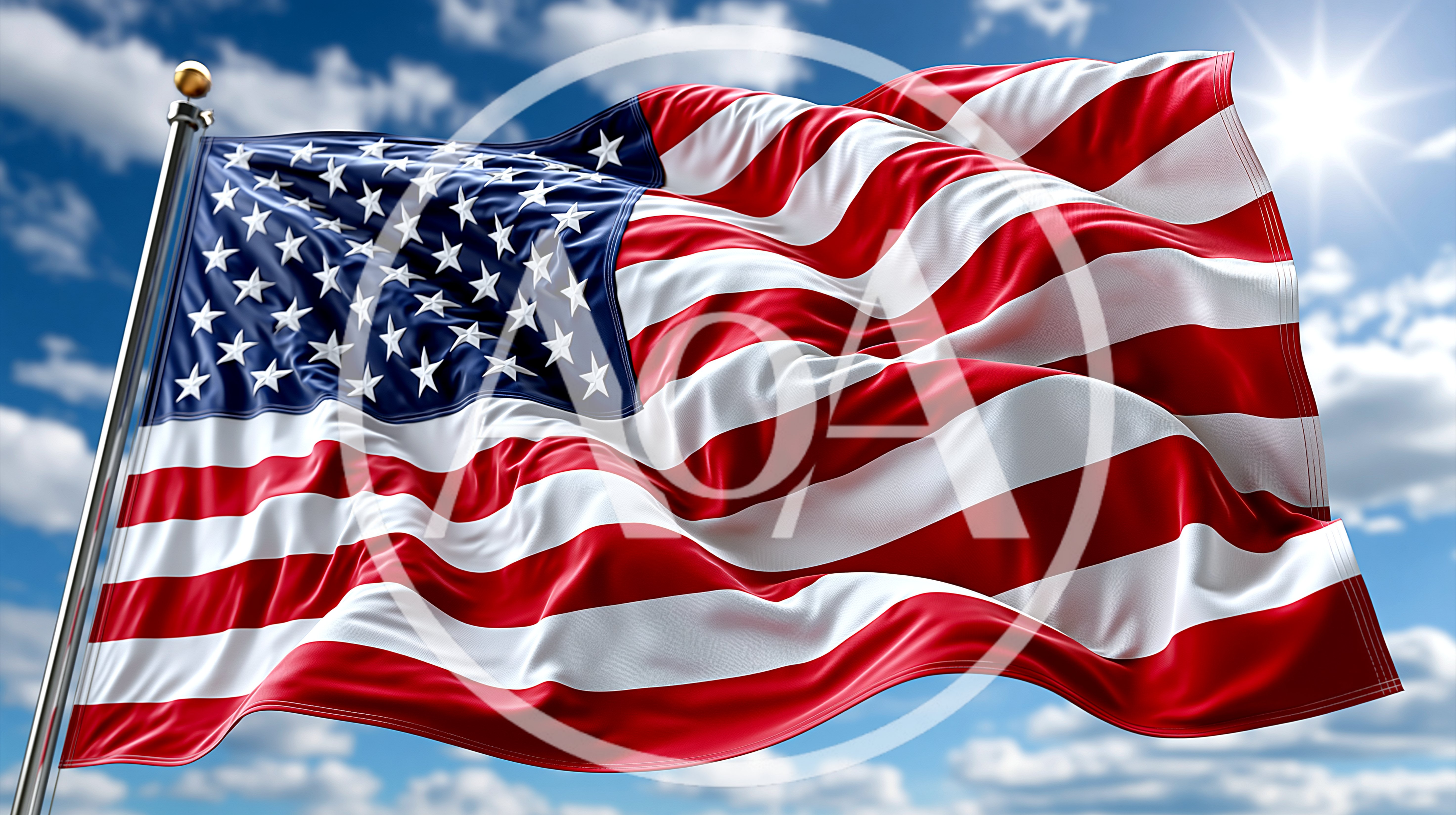 American Flag Waving Against A Sunny Blue Sky