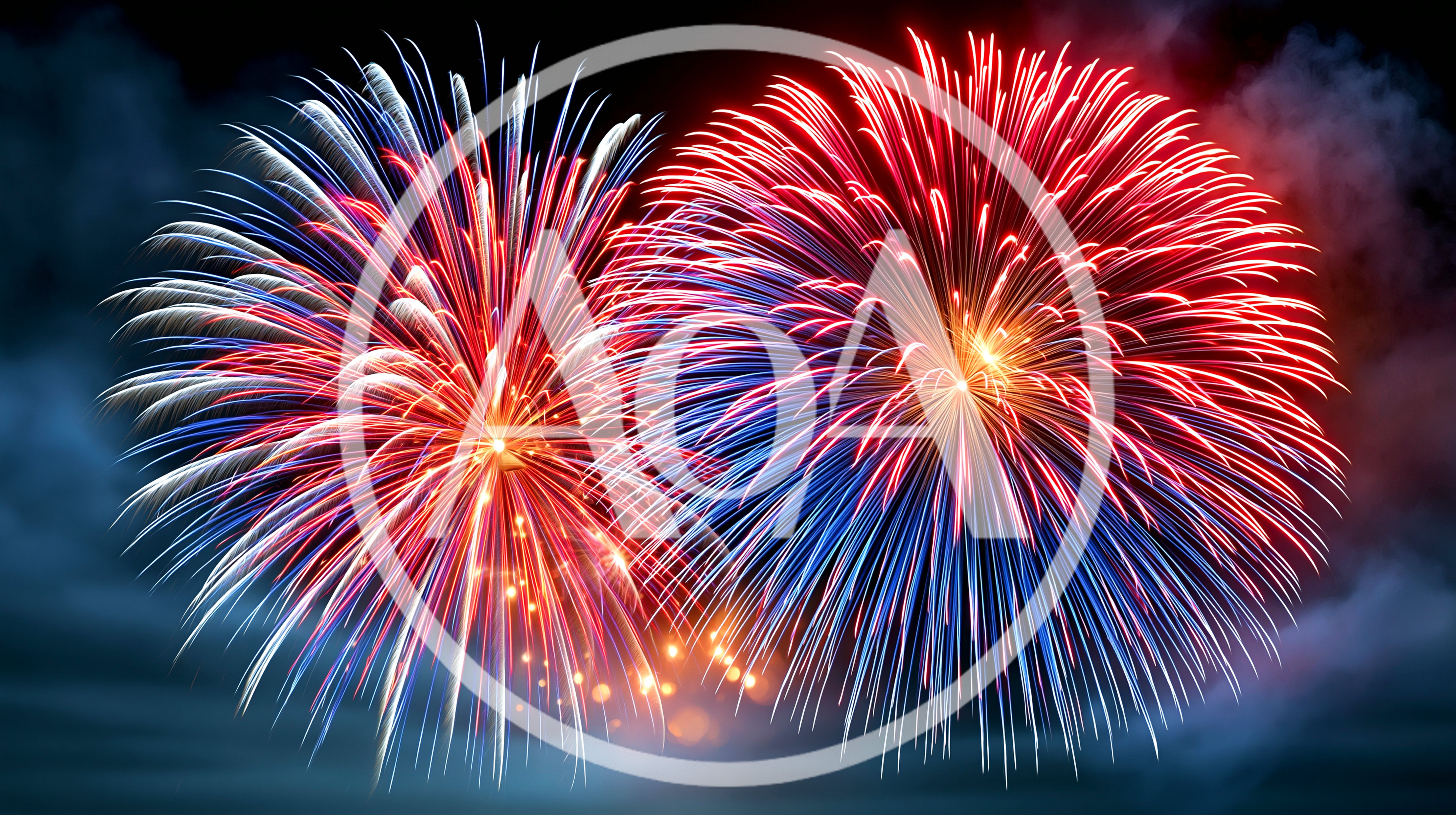 Vibrant Red And Blue Fireworks Display In Night Sky
