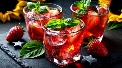 Three Glasses of Refreshing Strawberry Cocktail with Mint