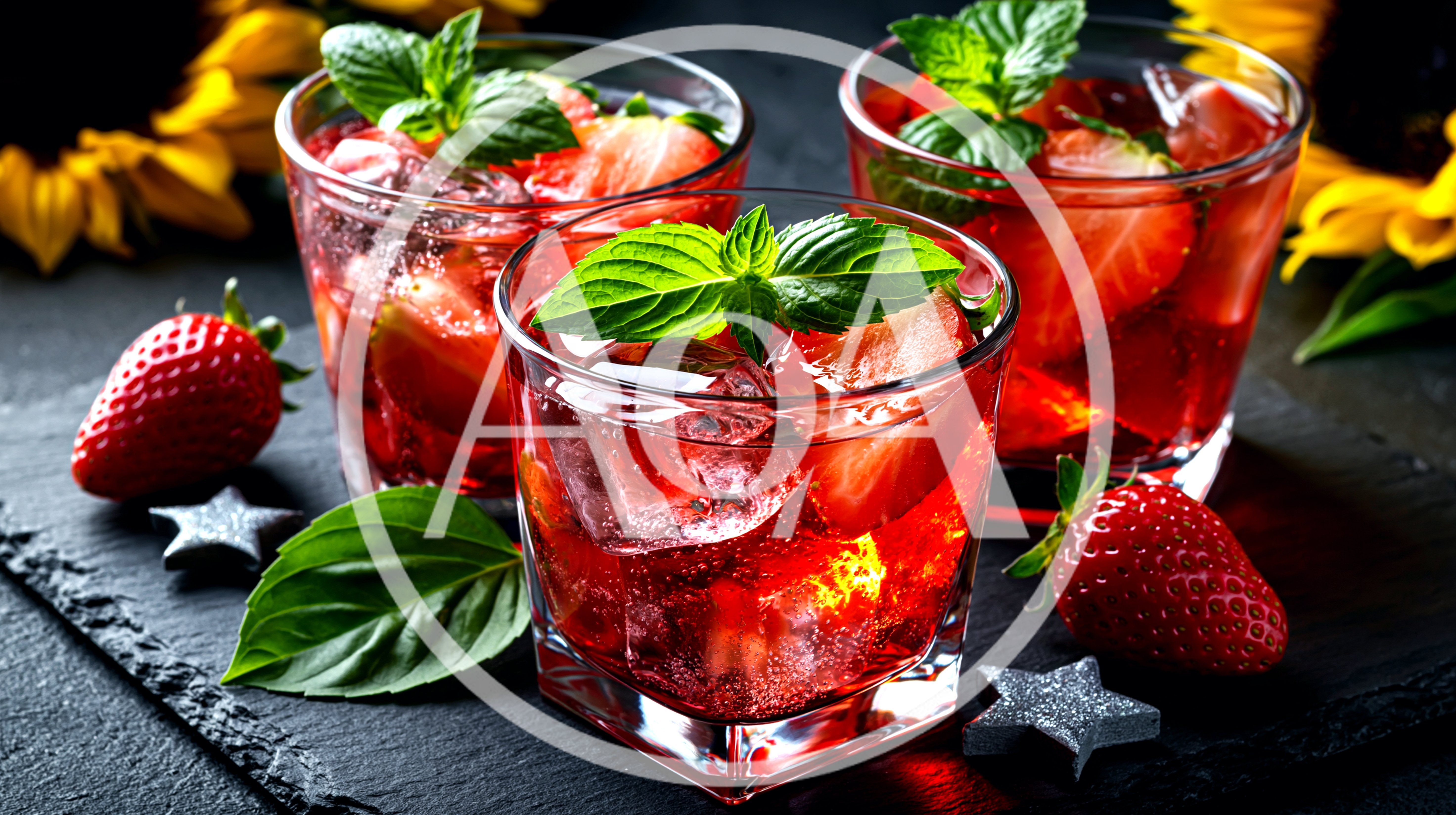 Three Glasses of Refreshing Strawberry Cocktail with Mint