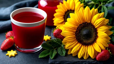 Glass Of Strawberry Juice With Sunflowers And Fresh Strawberries