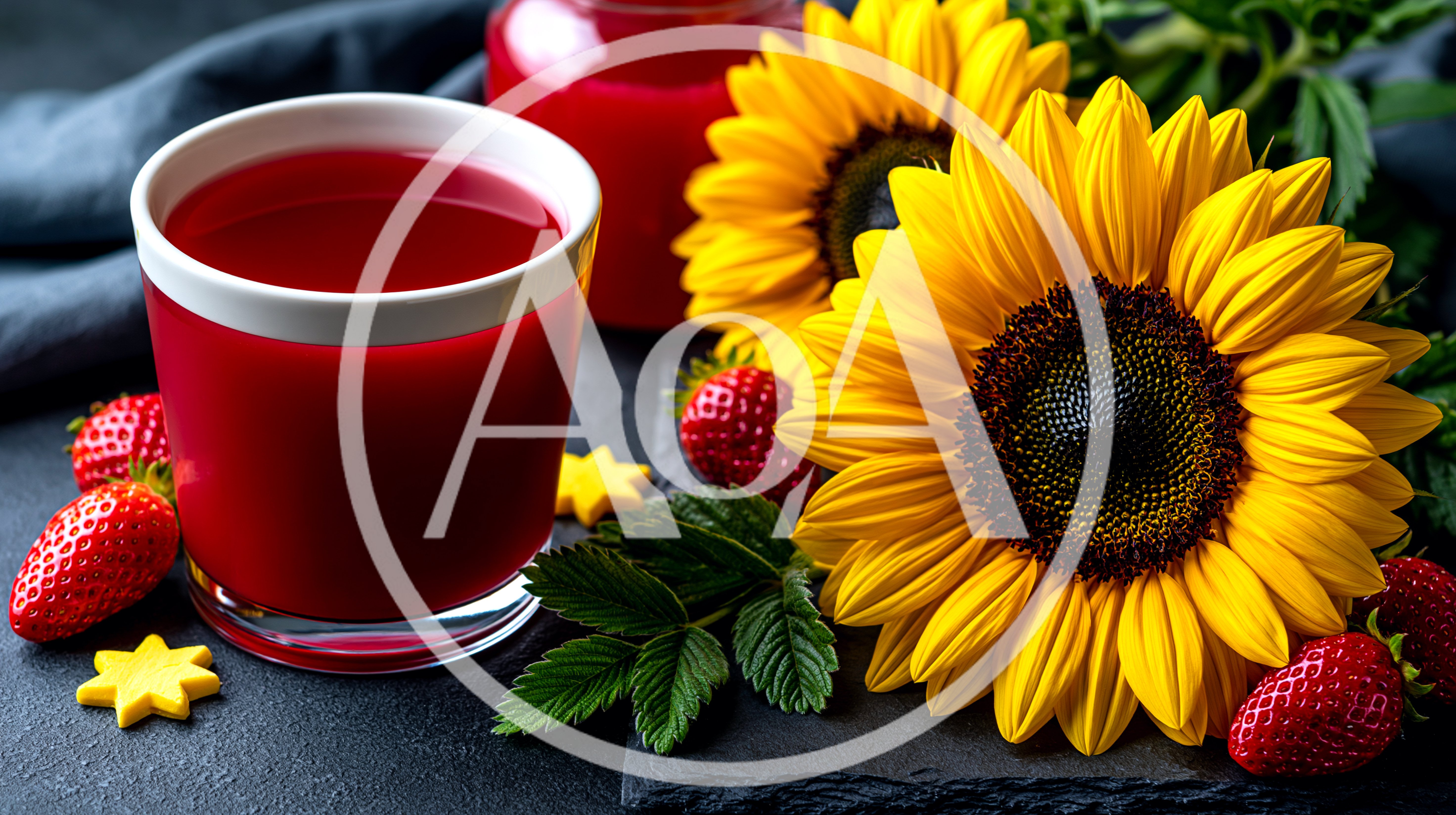 Glass Of Strawberry Juice With Sunflowers And Fresh Strawberries