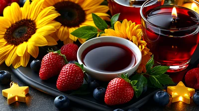 Romantic Still Life With Sunflowers And Berries