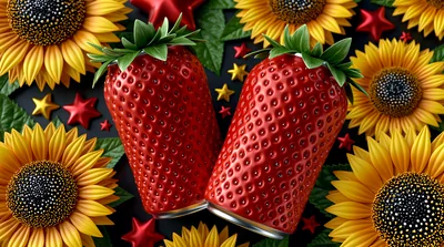 Two Strawberry Shaped Soda Cans With Sunflowers