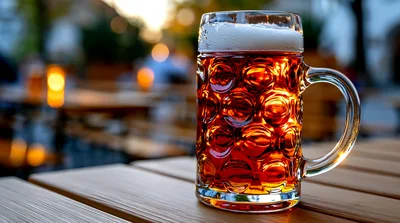 Full Dimpled Glass Mug Of Amber Beer On Table