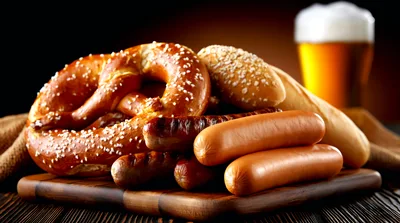German Sausage Platter With Pretzel And Beer