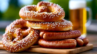 German Pretzels And Sausages With Beer