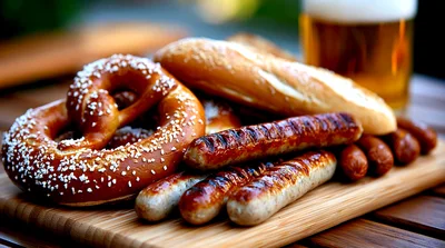 German Sausage Platter With Pretzel And Beer