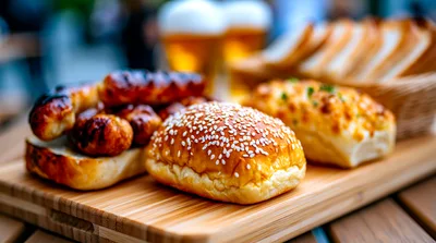 Grilled Sausages And Fresh Bread On Wooden Board