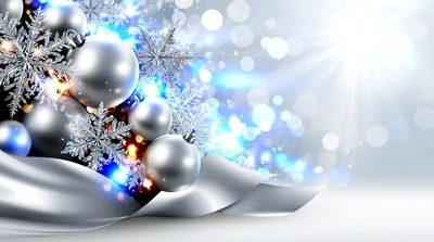 Silver Christmas Ornaments and Snowflakes Background