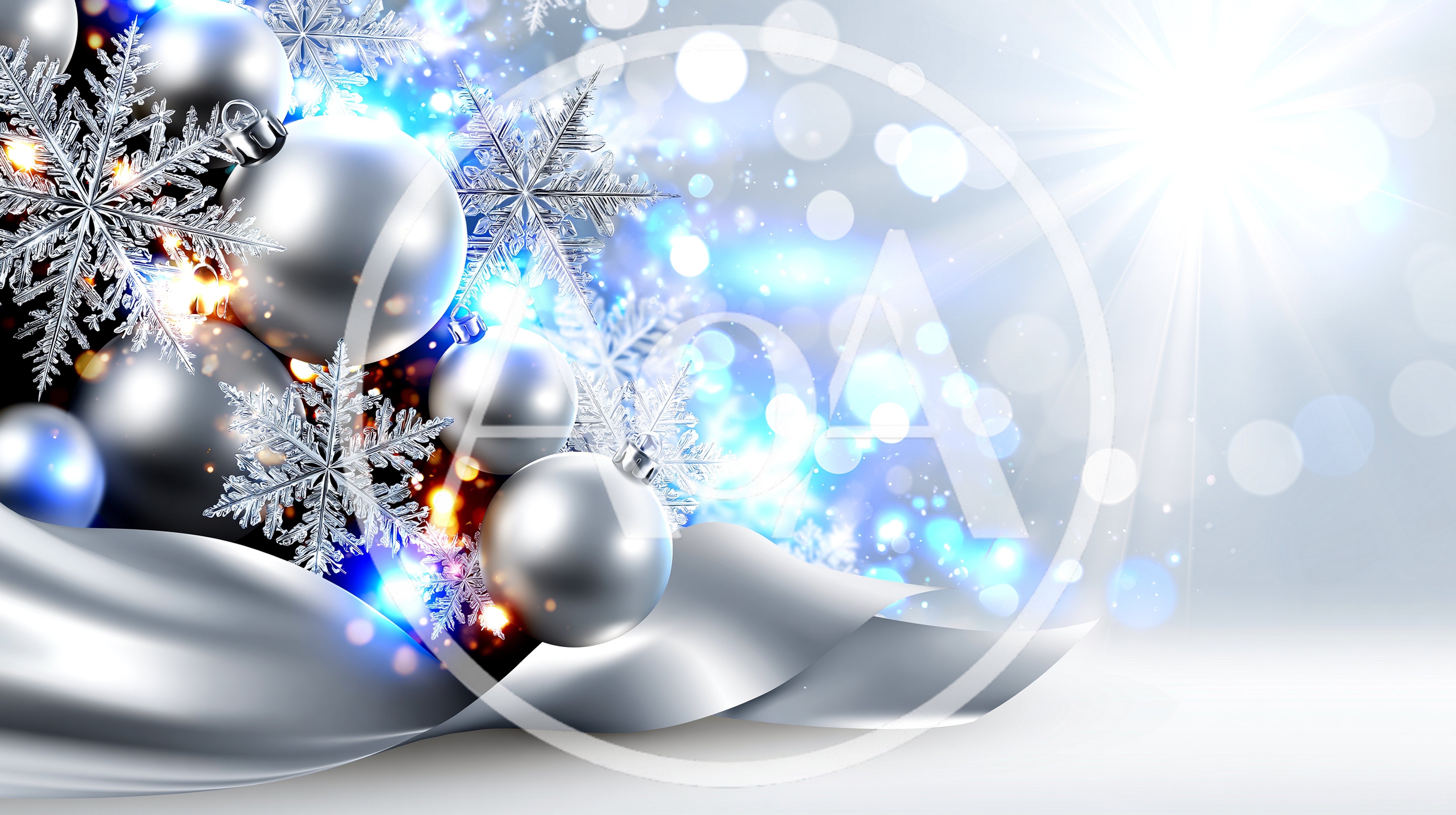 Silver Christmas Ornaments and Snowflakes Background