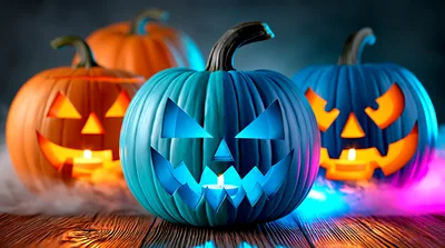 Glowing Jack O Lanterns On Wooden Table