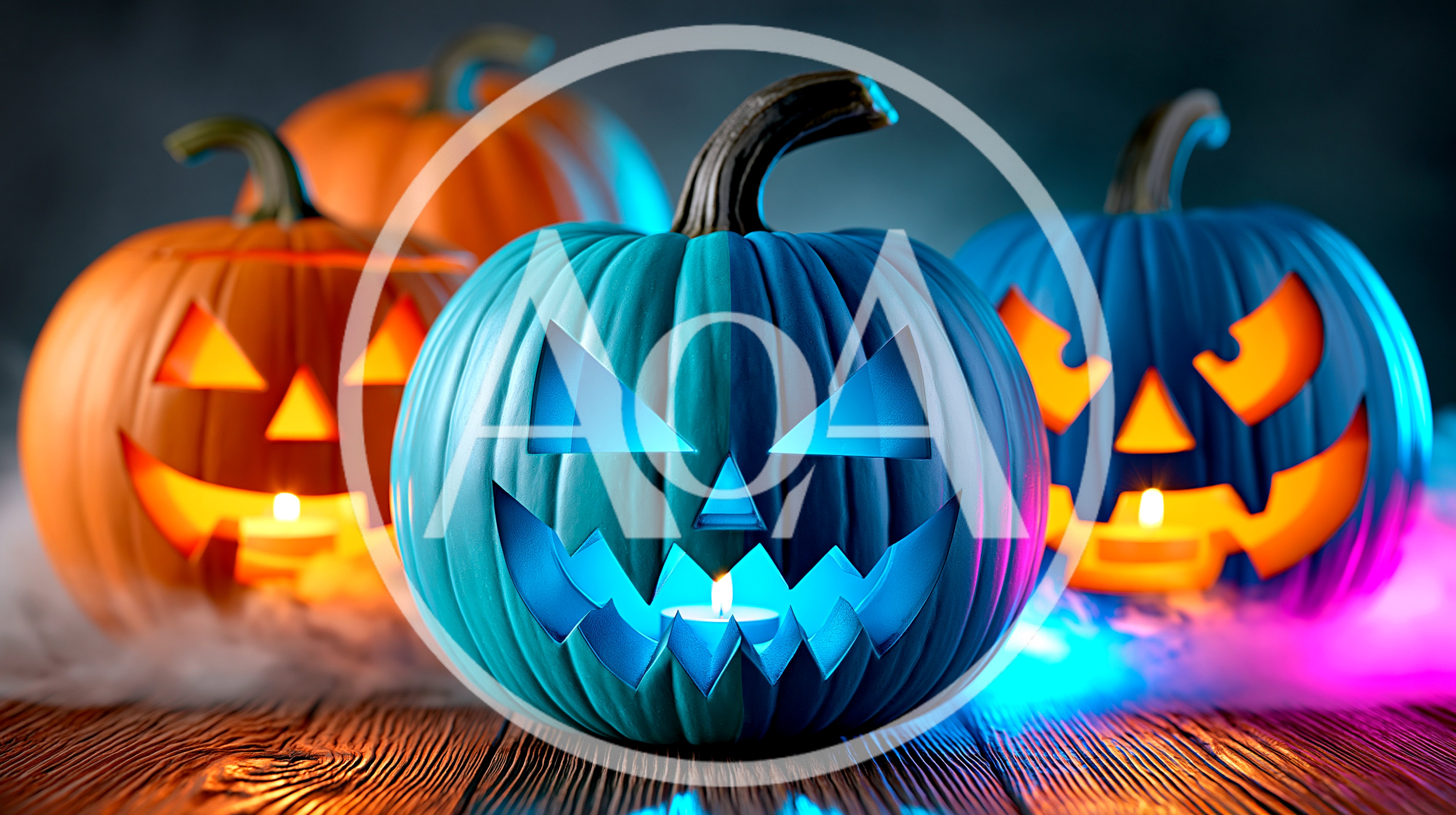 Glowing Jack O Lanterns On Wooden Table