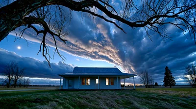 Small Rural House Under Dramatic Stormy Twilight Sky