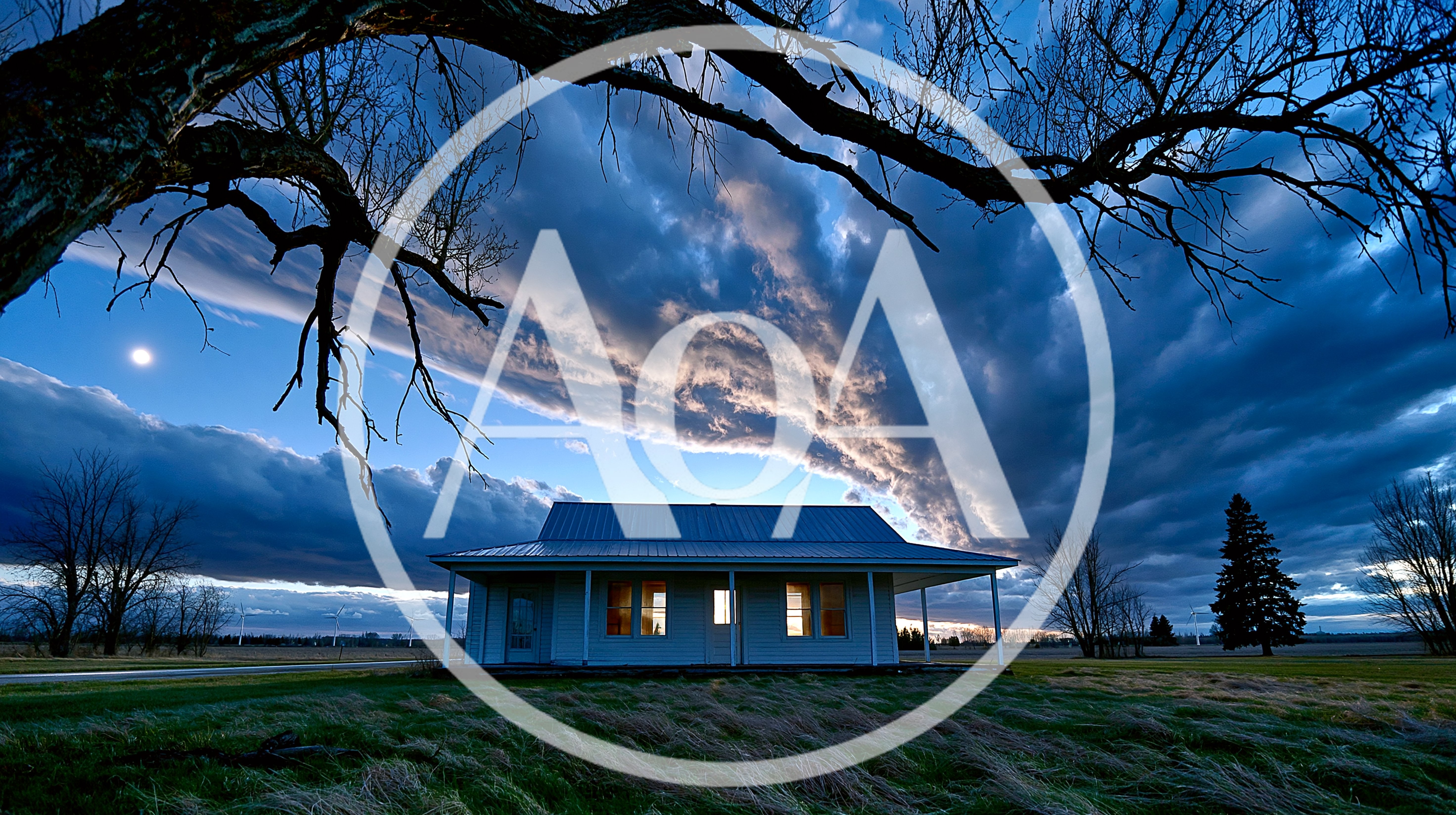 Small Rural House Under Dramatic Stormy Twilight Sky
