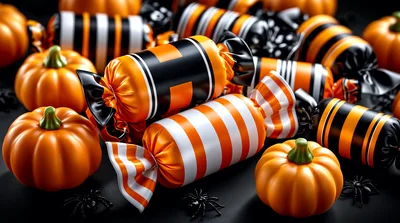 Halloween Candy And Pumpkins With Spiders
