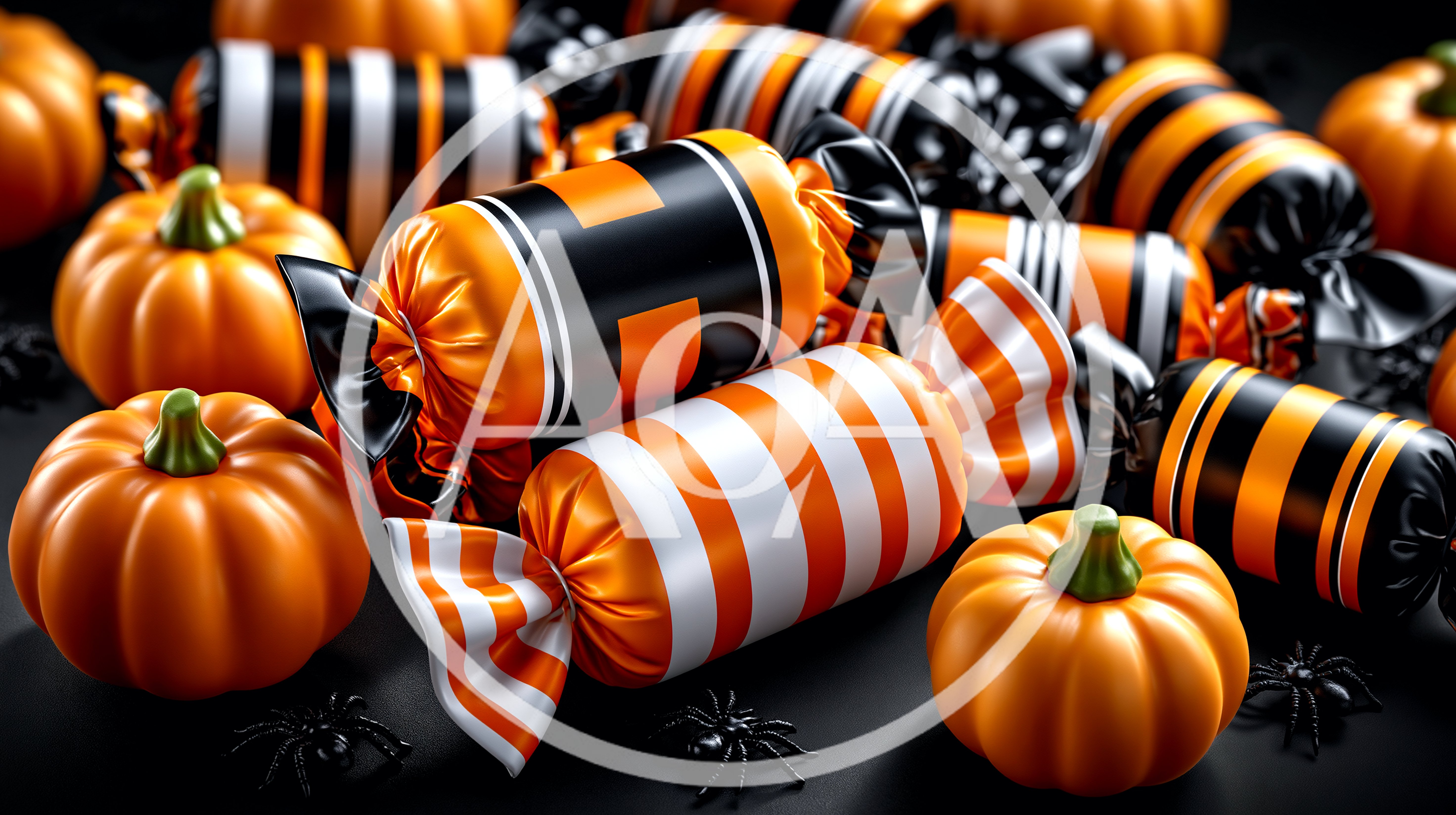 Halloween Candy And Pumpkins With Spiders