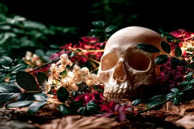 Human Skull Resting Among Flowers and Foliage
