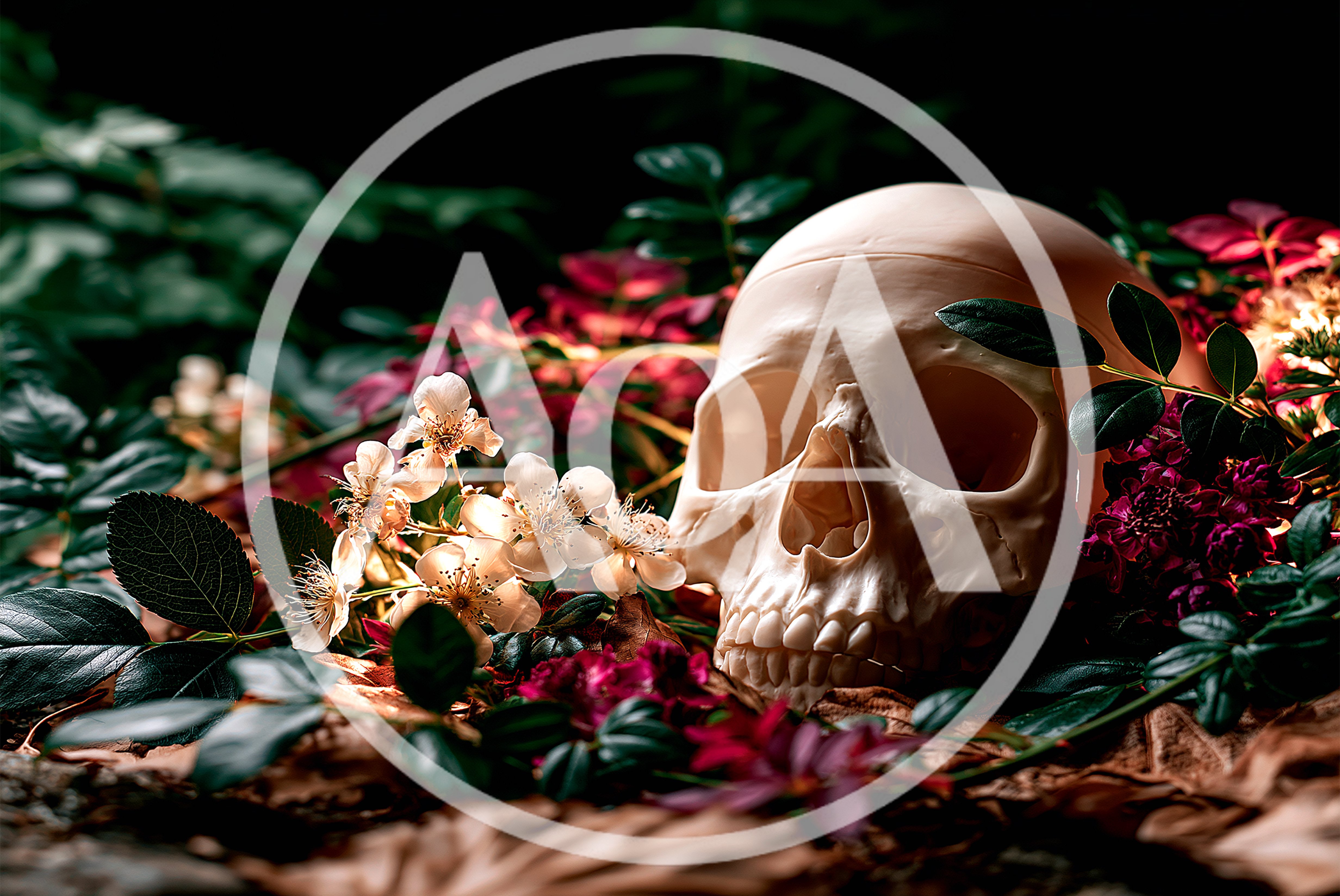 Human Skull Resting Among Flowers and Foliage