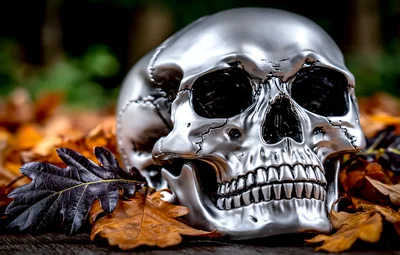 Metallic Silver Human Skull Resting On Autumn Leaves