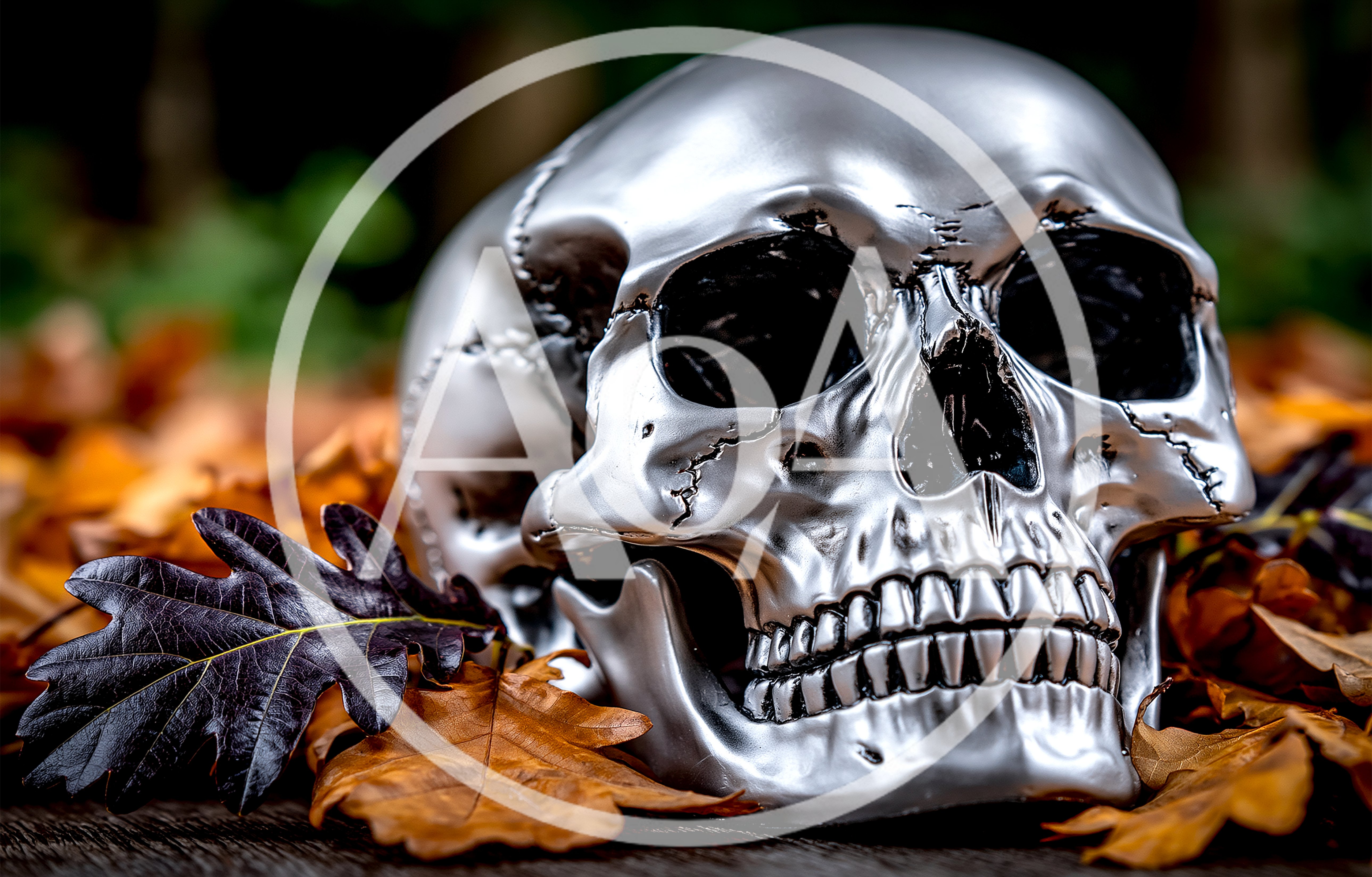 Metallic Silver Human Skull Resting On Autumn Leaves