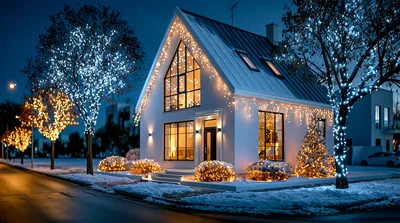 Modern House Decorated With Christmas Lights At Night