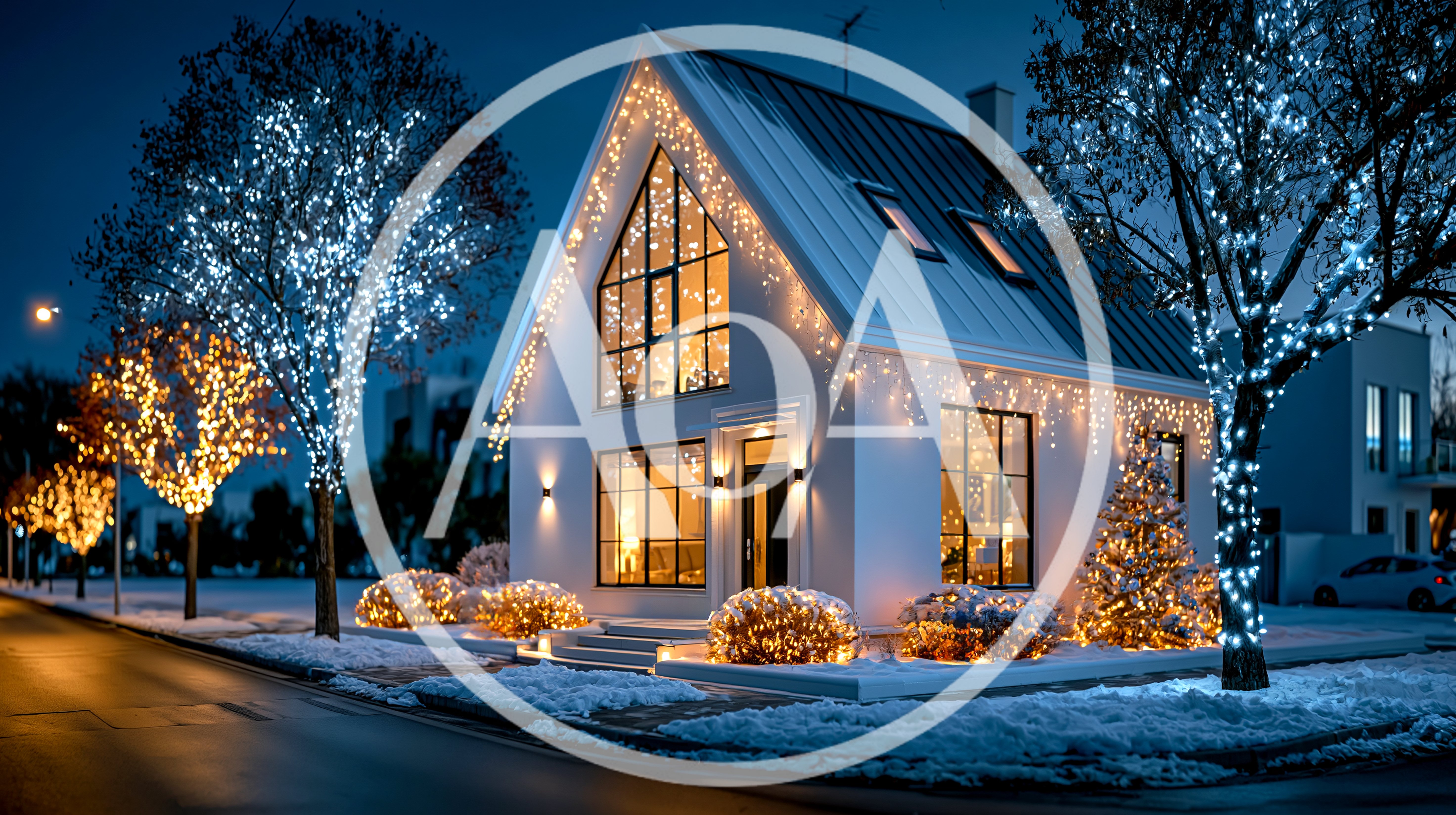Modern House Decorated With Christmas Lights At Night