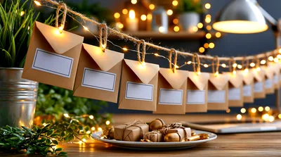 Advent Calendar Envelopes Hanging With Fairy Lights