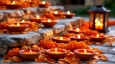 Diwali Diyas And Marigold Flowers On Stone Steps
