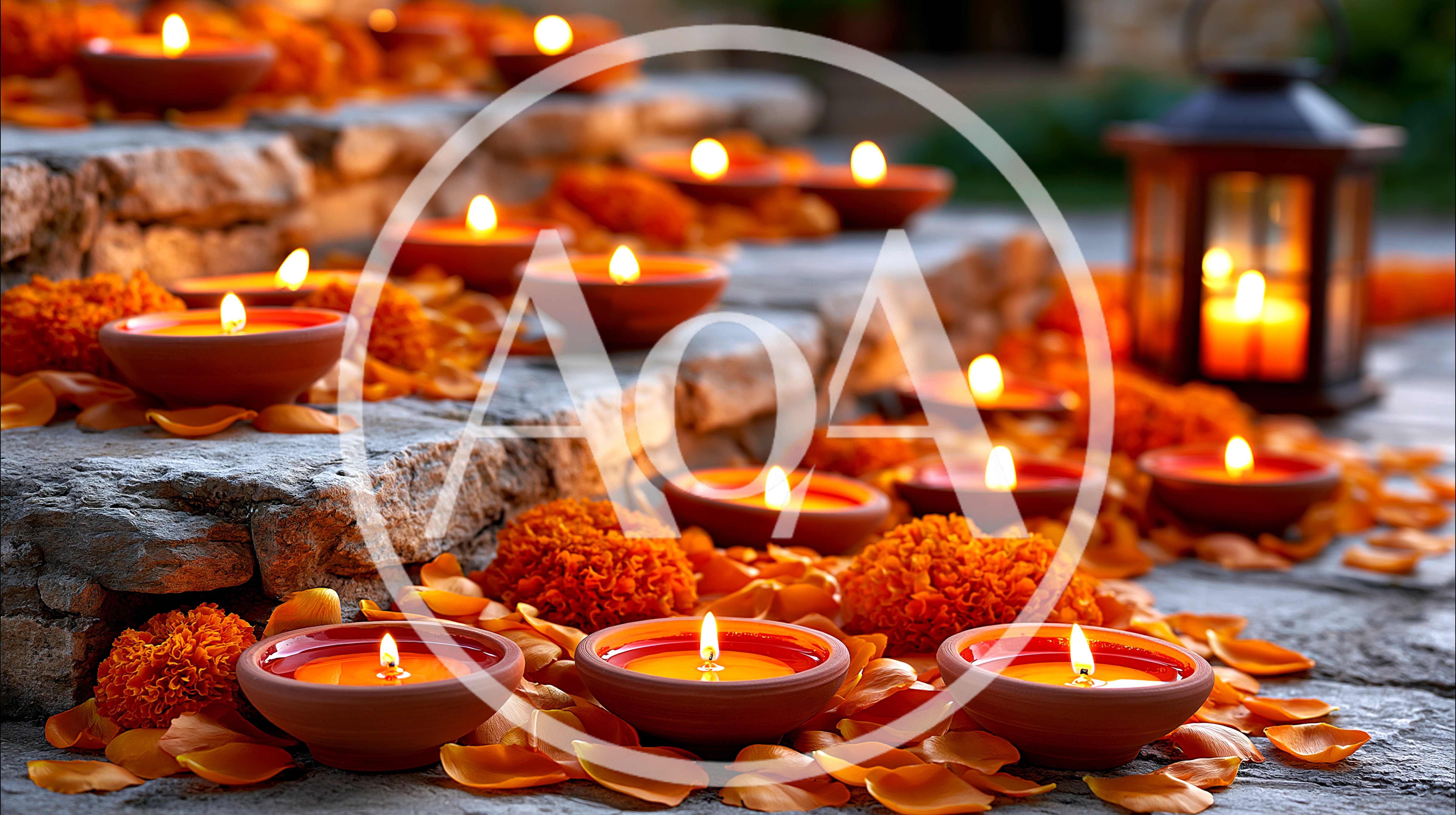 Diwali Diyas And Marigold Flowers On Stone Steps