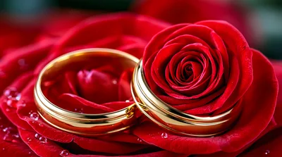 Two Gold Wedding Rings Resting On Red Rose Petals