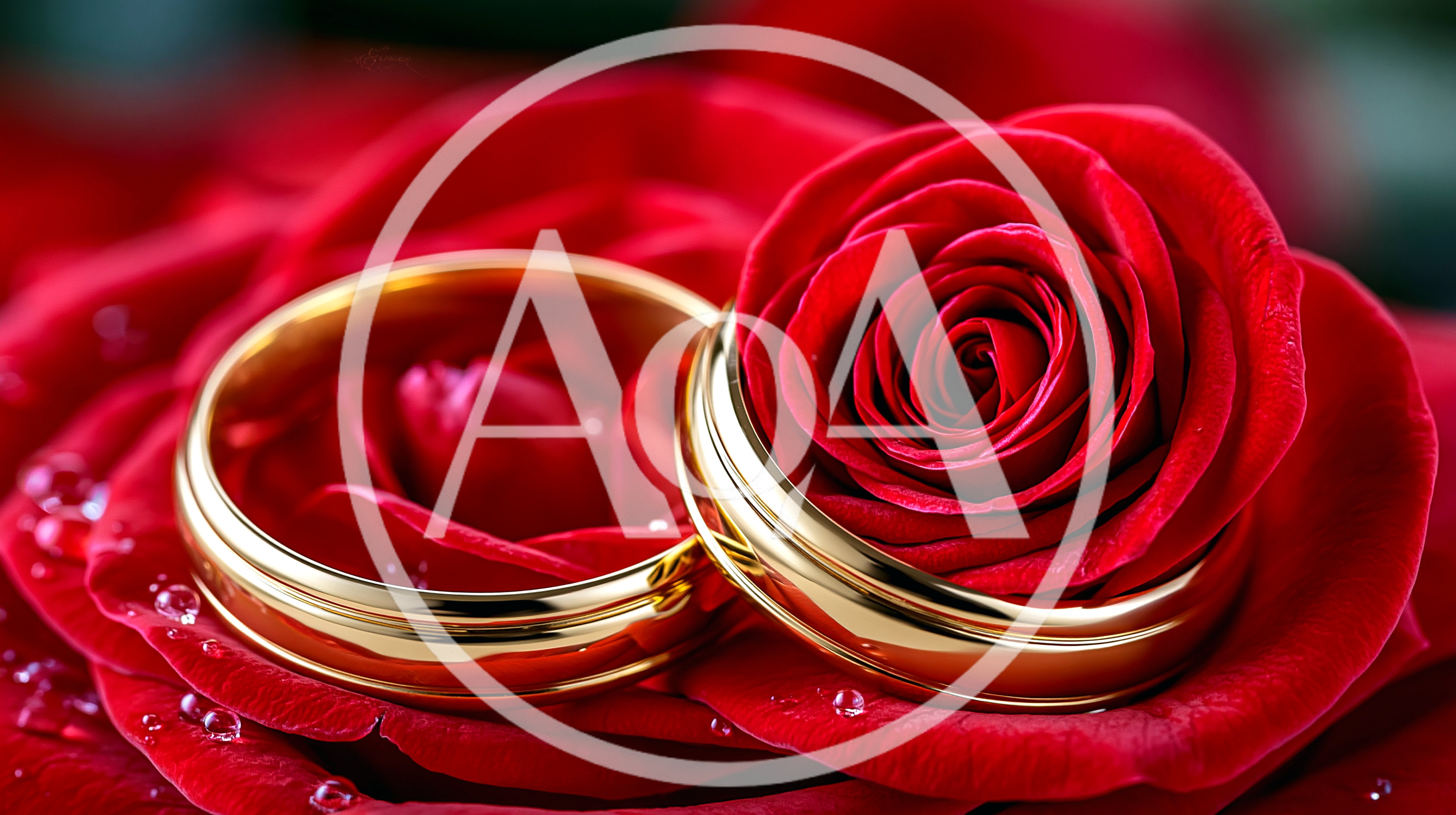 Two Gold Wedding Rings Resting On Red Rose Petals